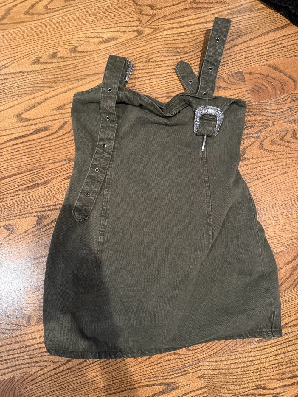 Zara Olive Green Buckle-Strap Casual Denim Dress
